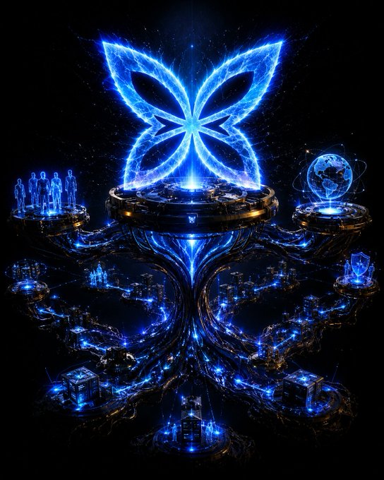 A futuristic digital artwork featuring a glowing blue butterfly emblem above an intricate mechanical base with humanoid figures, a globe, and technological structures illuminated in blue light.