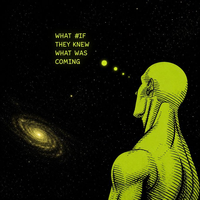 A sci-fi illustration of a green alien figure gazing at a spiral galaxy in space, with yellow text reading 'WHAT #IF THEY KNEW WHAT WAS COMING'.