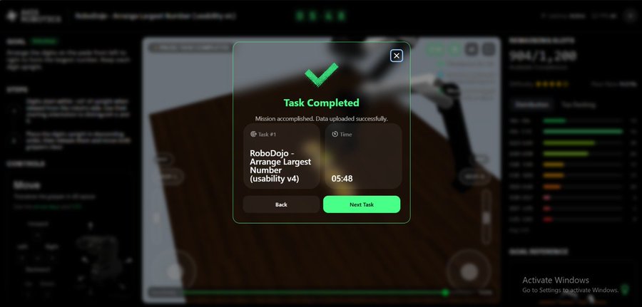 A screenshot shows a 'Task Completed' popup from RoboDojo - Arrange Largest Number (usability v4) with a completion time of 05:48, displayed over a blurred mobile interface.