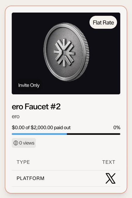 The image shows a "ero Faucet #2" listing on the mimix.xyz platform, featuring a metallic coin with a snowflake/star emblem, marked as "Invite Only" with a "Flat Rate" tag. The listing indicates $0.00 of $2,000.00 paid out (0%), uses Text-type content on the X platform, and has 0 views—matching the post's announcement of a new $2K faucet for @earnos_io on X.