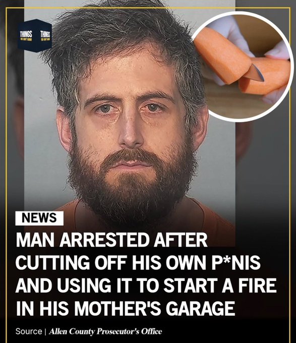 A mugshot of a bearded man is shown alongside a thumbnail of someone cutting a carrot, with the headline "MAN ARRESTED AFTER CUTTING OFF HIS OWN P*NIS AND USING IT TO START A FIRE IN HIS MOTHER'S GARAGE," sourced from the Allen County Prosecutor's Office. The meme humorously compares the absurd self-destructive act in the headline to the reckless decision-making of an average crypto investor, suggesting they will do anything—even sabotage themselves—out of desperation.