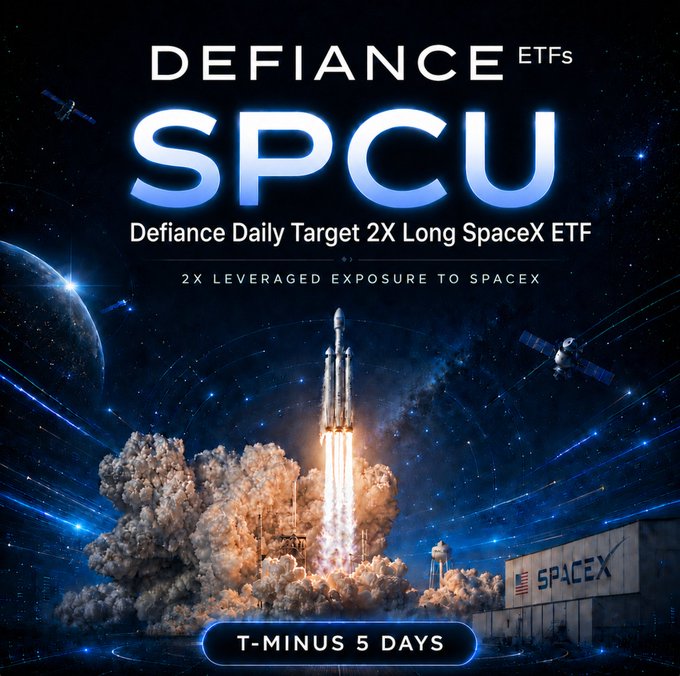 The image shows a rocket launch with the date of "SpaceX" visible, which indicates that the poster may be promoting the launch of a space company or related event. The text in the image highlights that there's a T-minute offer for $SPCU and explains what it is - a daily target at 2x the move of another ETF, SPCX. This could be an indication that there are potential gains to be made from investing in this particular space ETF.