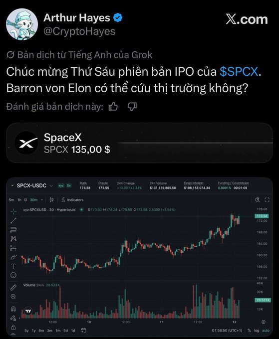 The image shows a Twitter post from a user named "Arthur Hayes" written in a foreign language. The post includes a question for followers about whether Barron von Tesla can save the market through the SpaceX IPO or not, with speculative thoughts regarding the political relationship between Elon Musk and the Trump administration as seen on the image. This tweet seems to be related to the topic of cryptocurrency, specifically the SpaceX IPO.