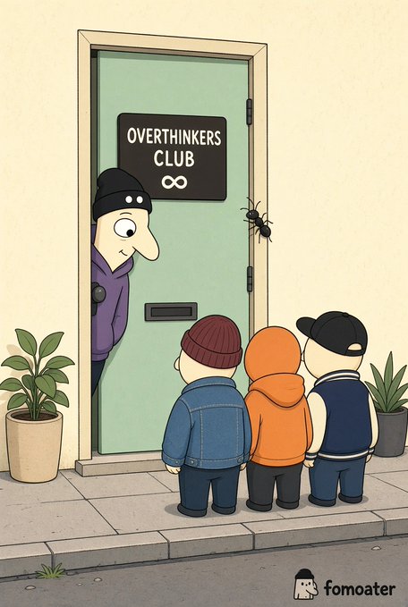 A cartoon illustration showing three children in hats and jackets standing before a door labeled 'OVERTHINKERS CLUB' with an infinity symbol, while a man peeks out nervously from the inside.