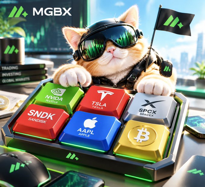 A cool orange tabby cat wearing green-tinted sunglasses and tactical gear stands behind a futuristic trading console featuring colorful buttons labeled with major tickers—NVDA (Nvidia), TSLA (Tesla), SNDK (Sandisk), AAPL (Apple), SPCX (SpaceX), and a gold Bitcoin—under the MGBX logo. The image visually reinforces the post's message of mastering global assets through a single trading platform, using the confident cat as a playful mascot for savvy, multi-asset investing.