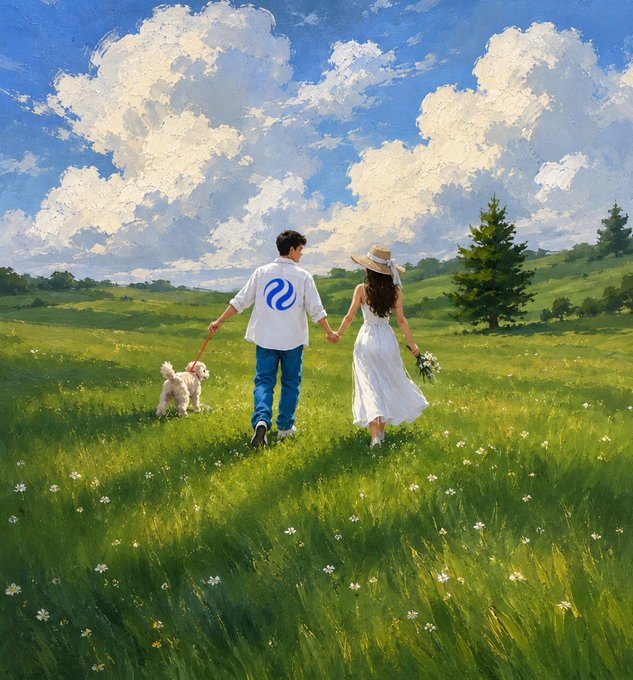 The painting depicts a couple walking through a field with their dog. They are holding hands as they stroll along the grassy area. The background features a beautiful landscape of trees under a blue sky dotted with clouds, creating a serene atmosphere. The painting is titled "Happy New Week, Happy New Month! New month, same mission. Keep showing up. Keep building. Keep believing." and includes text that reads "Focus on what is in the image and how it relates to the post."