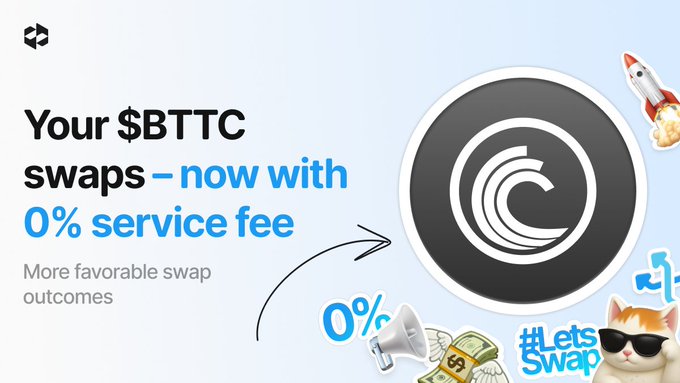 The image features a poster for a cryptocurrency exchange, promoting the idea of swapping $BTT coins between different ecosystems or revisiting favorite pairs. The poster includes various stickers representing different crypto coins, such as Bitcoin, Ripple, and Litecoin, along with a cat wearing sunglasses and a rocket ship. The text on the poster encourages users to explore new ecosystems or revisit their favorite pairs by swapping $BTT coins across selected crypto ecosystems at @LetsExchange_io.