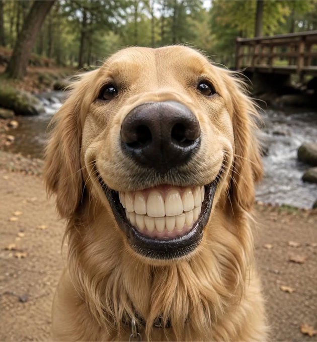 A close-up photograph of a golden retriever smiling with its teeth showing, positioned in front of a stream.