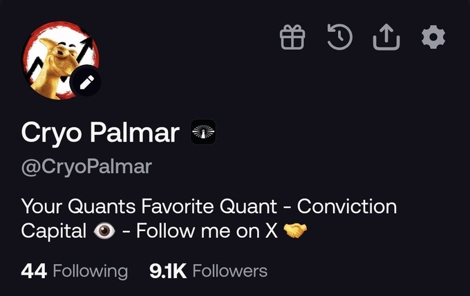 Twitter/X profile screenshot for 'Cryo Palmar' (@CryoPalmar) with bio 'Your Quants Favorite Quant - Conviction Capital - Follow me on X,' 44 Following, and 9.1K Followers.