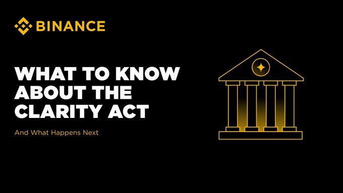 A Binance promotional graphic titled 'WHAT TO KNOW ABOUT THE CLARITY ACT - And What Happens Next' with a building icon.