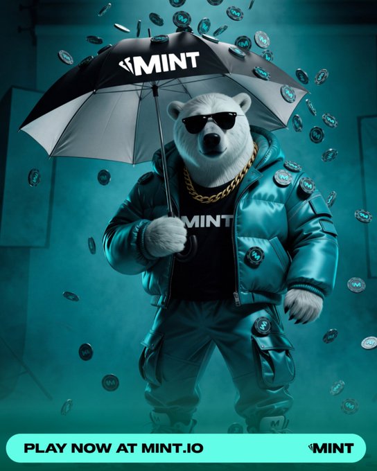 A promotional image featuring a polar bear wearing sunglasses and a teal puffer jacket, holding a 'MINT' branded umbrella while coins rain down, with the text 'PLAY NOW AT MINT.IO'.