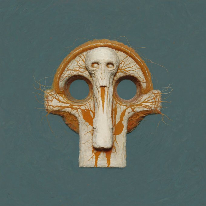 A dark, surreal artistic sculpture featuring a skull-like face with elongated features mounted on a circular form, adorned with orange root-like tendrils against a teal background.