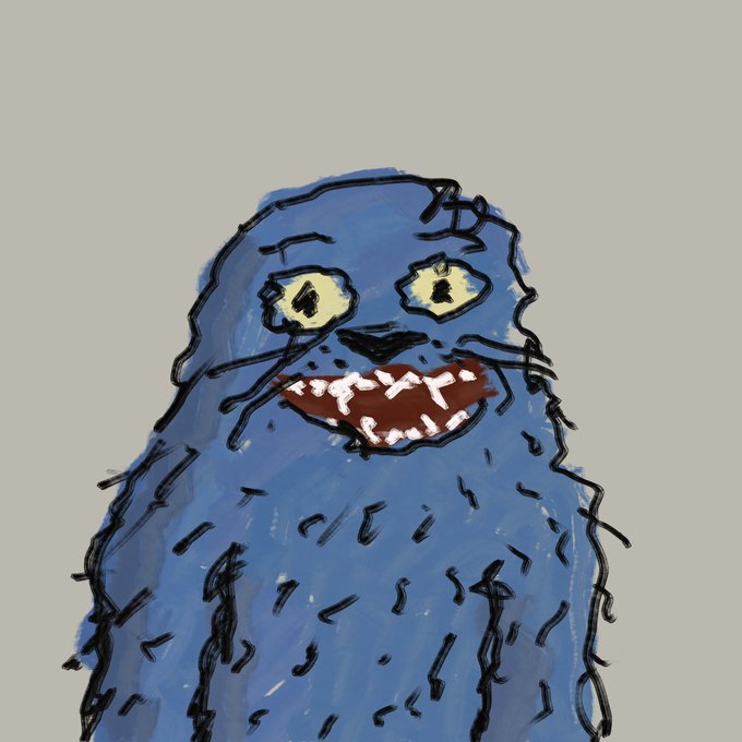 A crudely drawn blue furry monster with yellow eyes and a wide, toothy grin, rendered in a loose digital painting style.