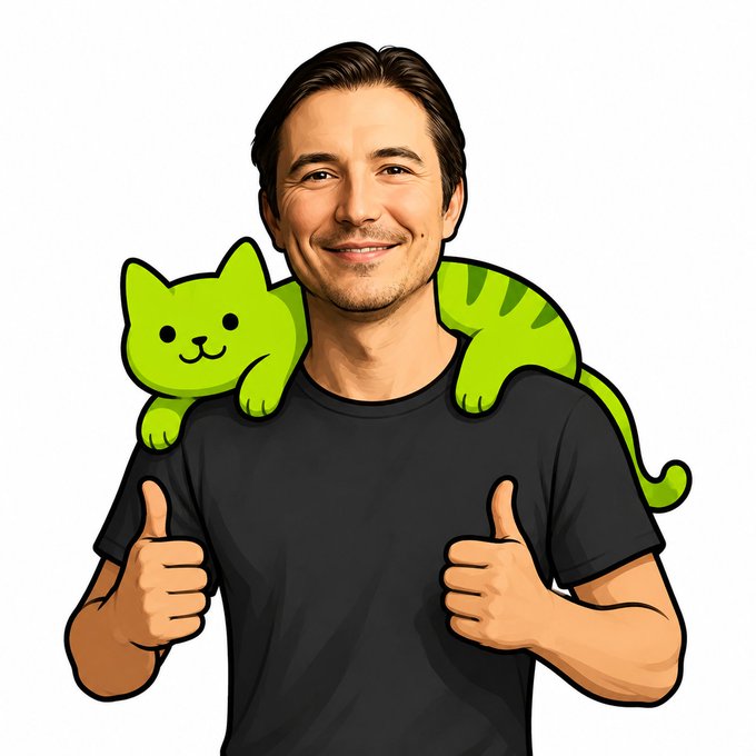 A digital illustration shows a smiling man in a black t-shirt giving a double thumbs-up, with a green cartoon cat draped across his shoulders.