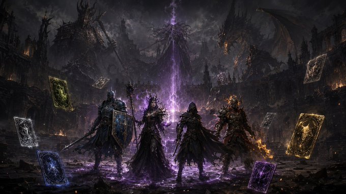 A dark fantasy scene showing four armored heroes facing a purple magical threat, with dragons looming in the background and glowing tarot-style cards scattered around them.