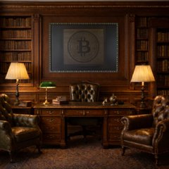 The image shows a large wooden desk with two leather chairs, one of which has a lamp next to it. The desk also has several books scattered around, indicating that this space could be used for studying or working. Above the desk hangs a large painting depicting a Bitcoin symbol, suggesting an interest in technology or finance. A green lamp is positioned on the left side of the desk, providing additional lighting.