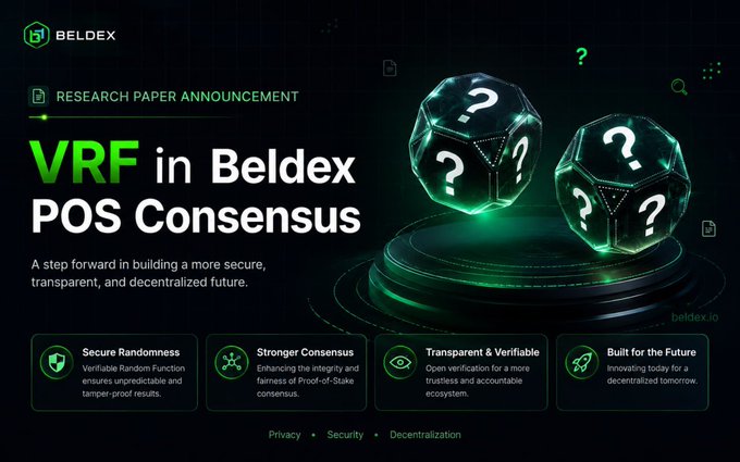 A promotional graphic for Beldex announcing a research paper on 'VRF in Beldex POS Consensus,' highlighting secure randomness, stronger consensus, and transparency features.