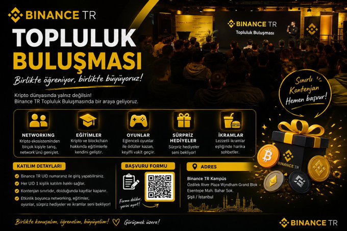 The image is a promotional flyer for a "Binance TR Topluluk Buluşması" (Community Meetup) featuring details about networking, education, gaming, surprise gifts, and prizes, along with an address at Binance TR Campus on Ozdilek River Plaza. The accompanying post highlights the value of attending Binance TR community meetups beyond just market watching, aligning with the event's focus on in-person networking and educational opportunities.