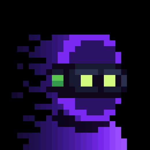 A pixel art character in a purple hooded outfit with a dark mask featuring green and yellow-green square eyes, set against a black background.