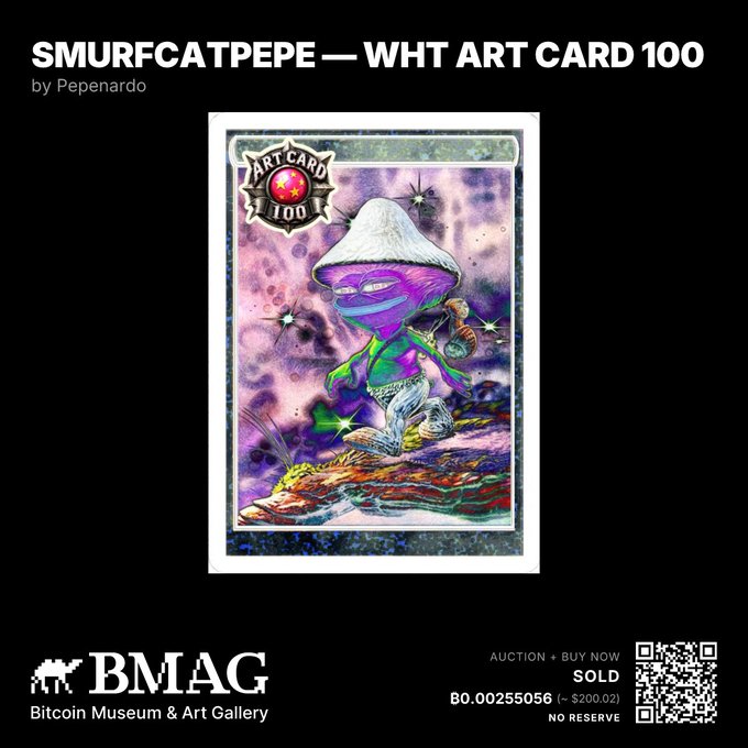 BMAG listing for 'SMURFCATPEPE — WHT ART CARD 100' by Pepenardo, showing a holographic trading card featuring a purple Smurf character that sold for ₿0.00255056 (~$200.02) with no reserve auction.