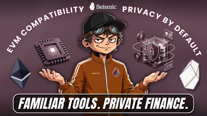An illustrated character wearing goggles on a cap and an orange jacket stands between an EVM chip icon and a locked cube icon. The banner is labeled 'Seismic' with text reading 'EVM COMPATIBILITY' and 'PRIVACY BY DEFAULT' above the slogan 'FAMILIAR TOOLS. PRIVATE FINANCE.'