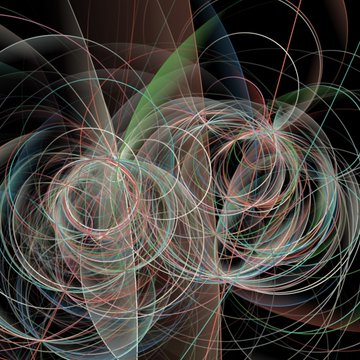 An abstract digital artwork featuring swirling, multi-colored lines forming two spherical, wireframe-like structures against a dark background.