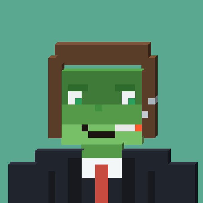 A pixel art illustration of a green-faced zombie-like character with brown hair, wearing a dark suit and red tie against a teal background. The character appears to be a stylized meme avatar likely associated with the post's reference to NFTfi and the StackersXYZ community, fitting the crypto/NFT branding aesthetic.