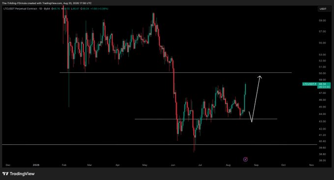 A daily candlestick chart of LTCUSD perpetual contract on TradingView shows Litecoin's price declining from around $58 to a low near $42 before staging a recovery toward $48.74 (+3.36%), with a hand-drawn arrow illustrating the projected move up to the $50 take-profit zone mentioned in the post.