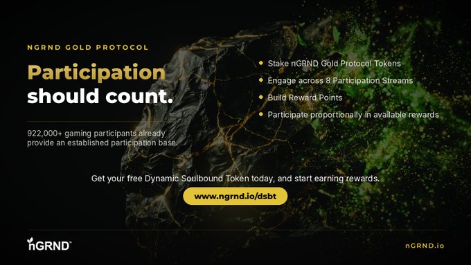 nGRND Gold Protocol advertisement stating 'Participation should count', listing staking and reward features, and directing users to www.ngrnd.io/dsbt.