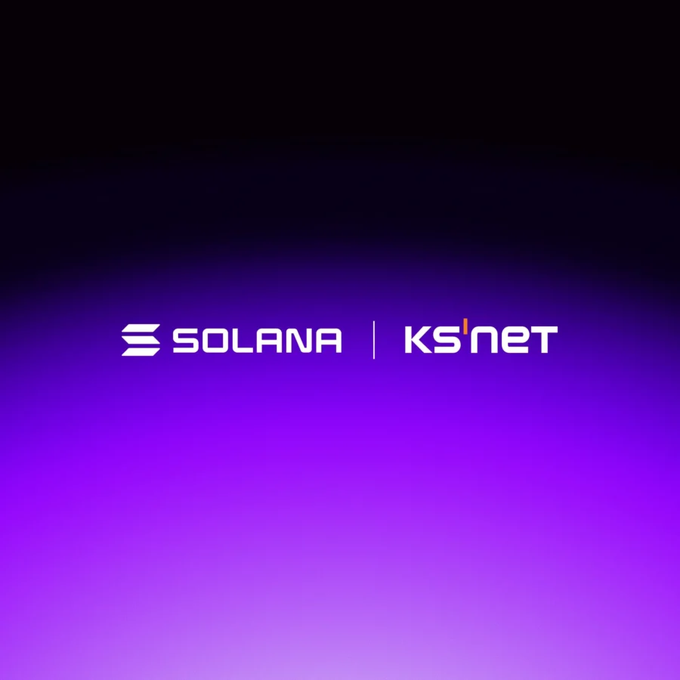 The image displays a partnership logo featuring "SOLANA" and "KS'NET" side by side against a purple gradient background. This visually represents the agreement between South Korean payment company KSNET and the Solana Foundation to test Solana Pay across their extensive merchant network.