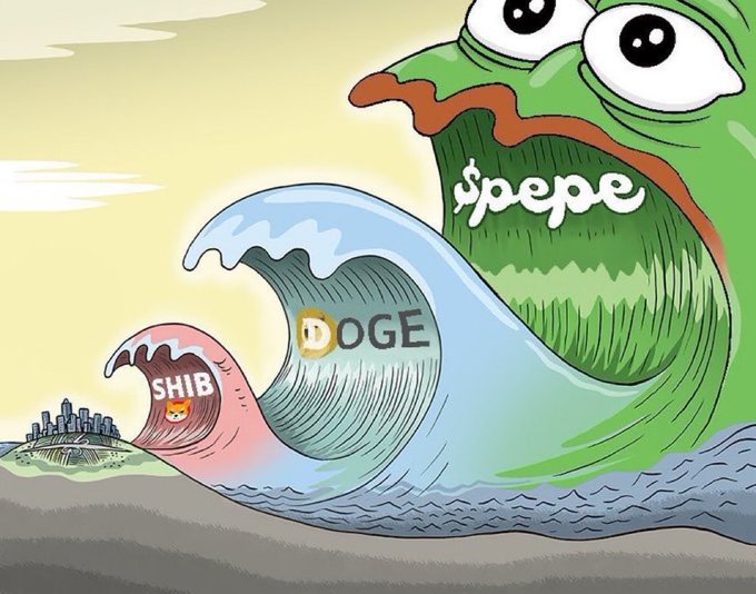 A cartoon depicting three large crypto waves: a pink 'SHIB' wave with a city, a blue 'DOGE' wave, and a giant green Pepe frog labeled '$pepe' with bulging eyes.