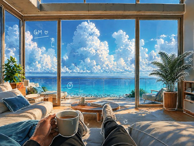 The person holding a coffee mug sits in a modern oceanfront living room with floor-to-ceiling windows showcasing billowing clouds over turquoise water. Their relaxed first-person perspective pairs perfectly with the post's cheerful "GM" (good morning) greeting, capturing the calm start to a blessed Wednesday.