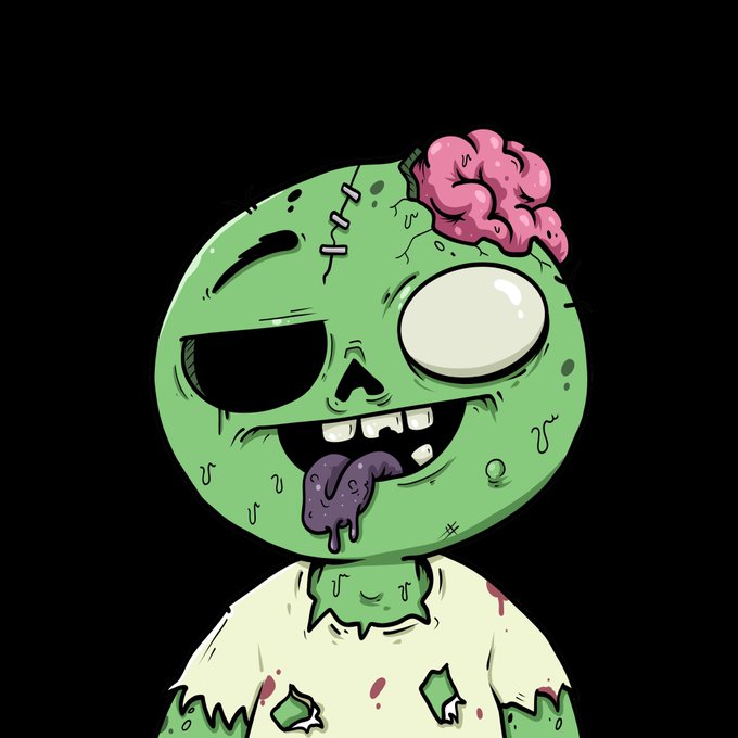 A cartoon zombie character with green skin, an exposed pink brain, one large white eye, an eye patch, a drooling purple tongue, and a tattered white shirt against a black background.