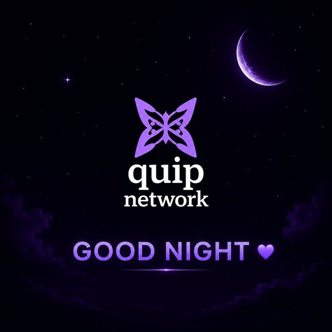 The image features a purple background with a crescent moon, stars, and clouds. The text "Good night builders Every strong movement starts with small daily consistency. That's why the people supporting @QuipNetwork early and staying active through every phase may benefit the most later on." is written below the image. This message encourages users to stay consistent in their efforts towards building a successful online presence, as it relates to the quote about building one's mindshare over time.

The image also includes a heart symbolizing love or affection for Quip Network and good night.