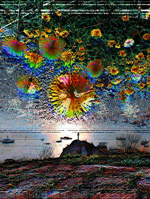 A surreal, glitch-art style image featuring colorful, psychedelic flowers blooming against a textured background with a silhouette of a lighthouse and boats at sunset.