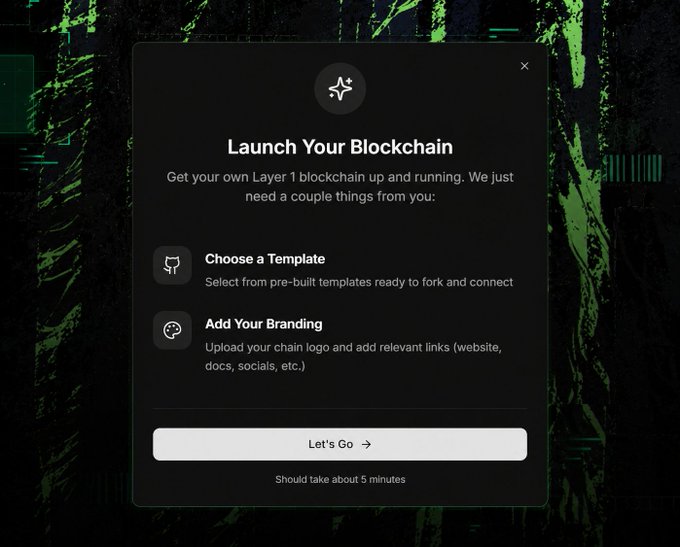 A dark-themed modal popup titled 'Launch Your Blockchain' offering steps to 'Choose a Template' and 'Add Your Branding' for setting up a Layer 1 blockchain, with a 'Let's Go' button noting it should take about 5 minutes.
