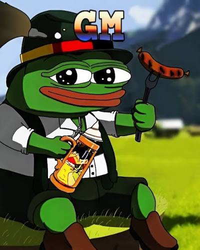 An illustration of a sad Pepe the Frog character wearing a black hat and vest, holding a sausage on a fork and a beer bottle, with 'GM' text at the top.