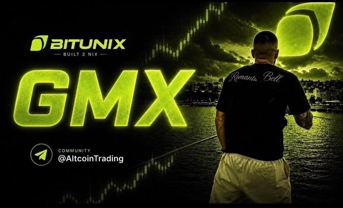 The promotional image for Bitunix features "GMX" prominently in neon green, alongside the Bitunix "Built 2 Nix" logo and a Telegram handle "@AltcoinTrading," set against a moody backdrop of a city skyline at night with candlestick charts overlaid. A man wearing a "România Brut" t-shirt stands overlooking the water, reinforcing the post's message about patience and resisting the urge to chase every candle in crypto trading.