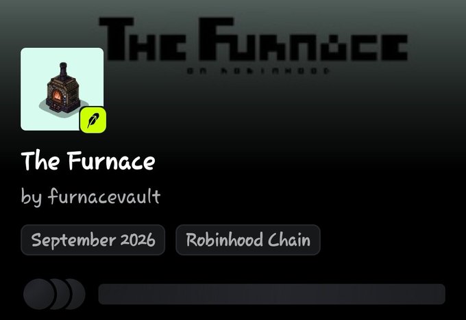 The image shows details about an NFT project called "The Furnace" by furnacevault, scheduled to mint in September 2026 on the Robinhood Chain. The user is asking whether to mint it, suggesting they are evaluating whether to participate in this upcoming project, with the image providing the basic project information to inform that decision.