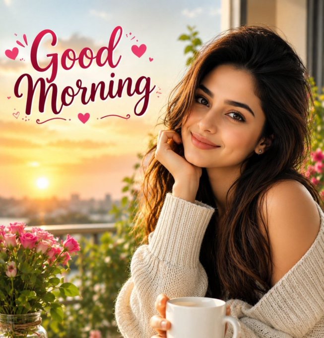 A 'Good Morning' greeting graphic featuring a smiling young woman with long brown hair holding a white coffee mug, set against a sunrise background with pink flowers.