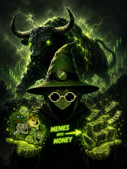 A green-tinted wizard figure wearing a pointed hat and glowing goggles stands before a massive bull, holding meme characters in one hand and stacks of cash in the other, with a "MEMES INTO MONEY" arrow pointing from the memes to the cash. The image visually captures the transformation of viral meme content into financial gains, tying into the post's theme of monetizing memes.