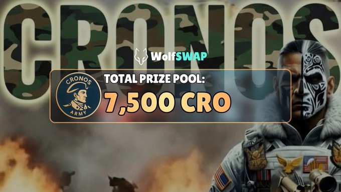 The image displays a poster for a trading contest called "Cronos" with a soldier as the main character. The soldier's face is shown wearing camouflage, and there are other soldiers visible behind him. The poster features various words such as "cr", "Swap", "$CA Trading Contest", "leaderboard", "Swap & WIN", "WolfSWAP", and "Cronos". These details link the poster to the trading contest, where players can trade their army tactics and rank for a chance to win.