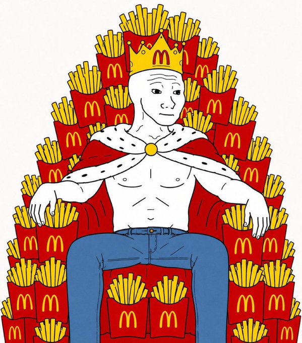 The image depicts a cartoon "wojak" character wearing a Burger King-style crown, draped in a red royal cape with ermine trim, sitting shirtless on a throne made entirely of McDonald's french fries boxes (each marked with the iconic yellow "M" logo). The post's caption ("slam 1 eth into $WOJAK and feel like this") plays on the meme's theme of crypto gains transforming a regular wojak into royalty, with the fast-food throne humorously representing the absurd "king" status achieved by aping into the $WOJAK memecoin.