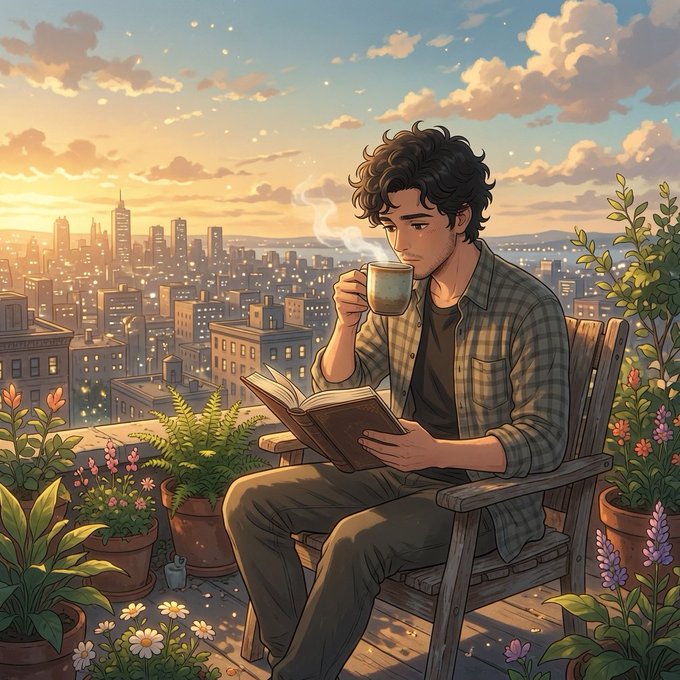 A young man with curly hair sits on a wooden chair on a rooftop garden, sipping a warm beverage while reading a book, surrounded by potted flowers and overlooking a city skyline at sunset. The image's relaxed, contemplative mood echoes the post's message about staying productive during market downturns rather than chasing hype—reflecting the idea that thoughtful, steady work (like reading while sipping coffee) outlasts the noise of bull and bear cycles.