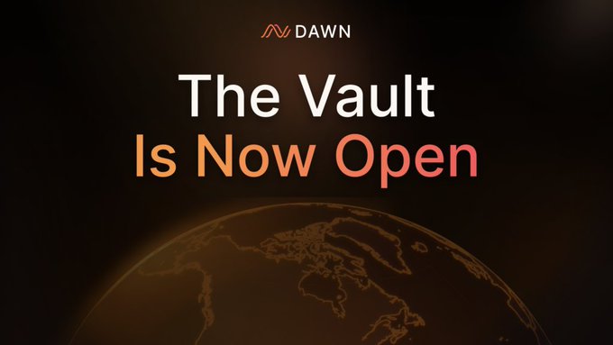 The image is a promotional graphic for DAWN featuring a dark background with an orange-outlined globe and the text "The Vault Is Now Open," alongside the DAWN logo. It announces the launch of DAWN's USD Infra Vault, which the post explains enables people to invest in real internet infrastructure—WiFi, cables, computers, and data centers—using crypto capital.