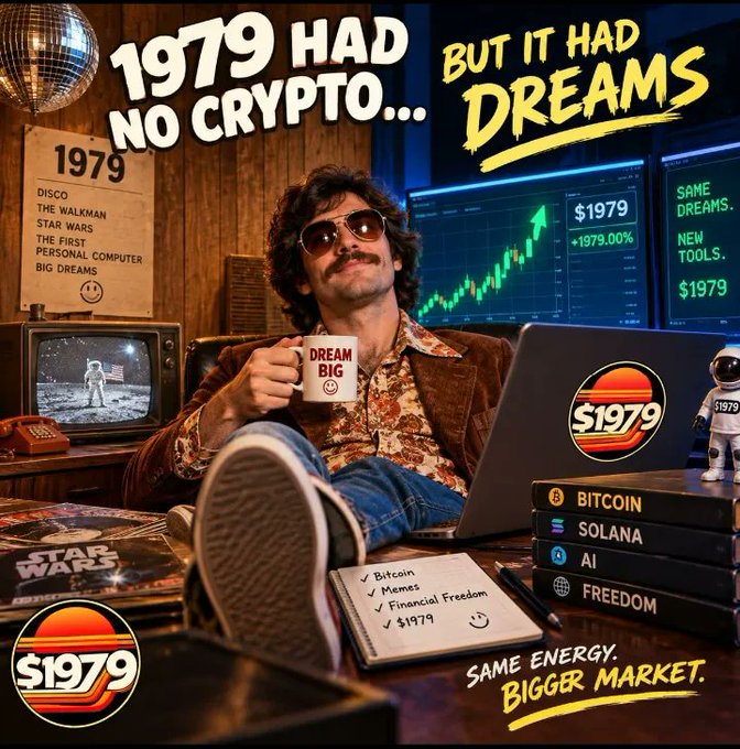 A retro 1970s-themed promotional graphic with the text '1979 had no crypto... but it had dreams,' featuring a man with a mustache and a $1979 coin logo.