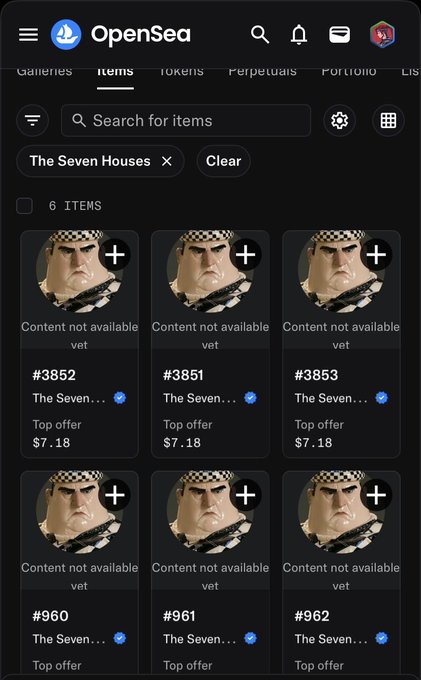 An OpenSea NFT marketplace screenshot showing items from 'The Seven Houses' collection, with multiple listings marked as 'Content not available' and priced around $7.18 each.