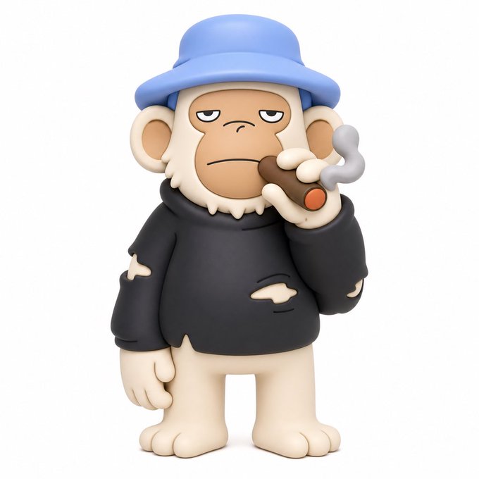 A 3D-rendered cartoon monkey character wearing a tattered dark hoodie and a blue baseball cap smokes a cigar against a white background.