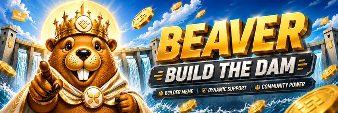A crowned beaver mascot points confidently in front of a golden dam backdrop, promoting the meme coin "$BEAVER" with the tagline "BUILD THE DAM" and highlights including "BUILDER MEME," "DYNAMIC SUPPORT," and "COMMUNITY POWER," directly reflecting the post's announcement of the token's launch on DEX Screener.