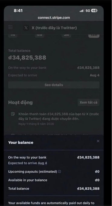 A smartphone screenshot of a Stripe dashboard showing a 'Total balance' of 'đ34,825,388' from 'X (trước đây là Twitter)' with a payout expected to arrive on Aug 4.